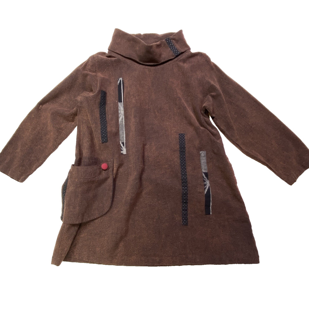 Lagenlook Boho Artsy Tunic Top High Neck Wearable Art Attached Pouch Satchel S/M